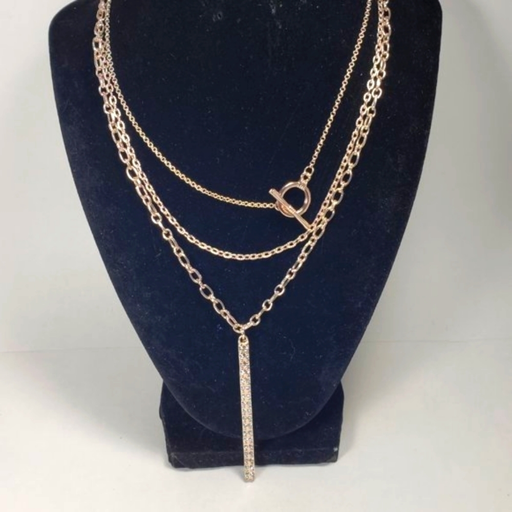 Multi Strand Rose Gold Tone 24 inches Crystal Vertical Bar Pendant Necklace - Picture 3 of 11